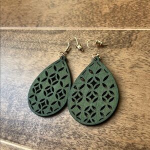 Sale! NWOT Handmade Hollow Cut Wooden Teardrop Earrings - Green
